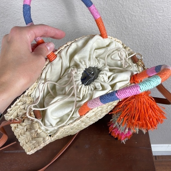 Nordstrom Joni Circular Raffia Straw Woven Bag Beach Boho Summer Tassel - Picture 6 of 15